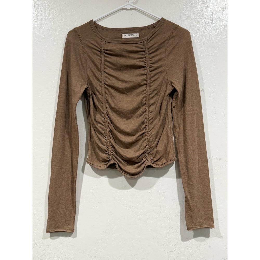 Free People We The Free Brown Ruched Front Long Sleeve Top Medium Boho Tee - Picture 2 of 7